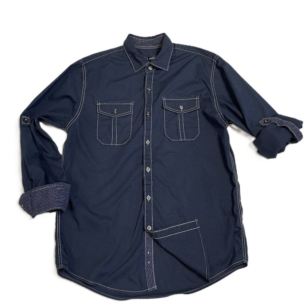 Michael Brandon Shirt Small Navy Blue Long Sleeve Contrast Flip Cuff Roll Tab